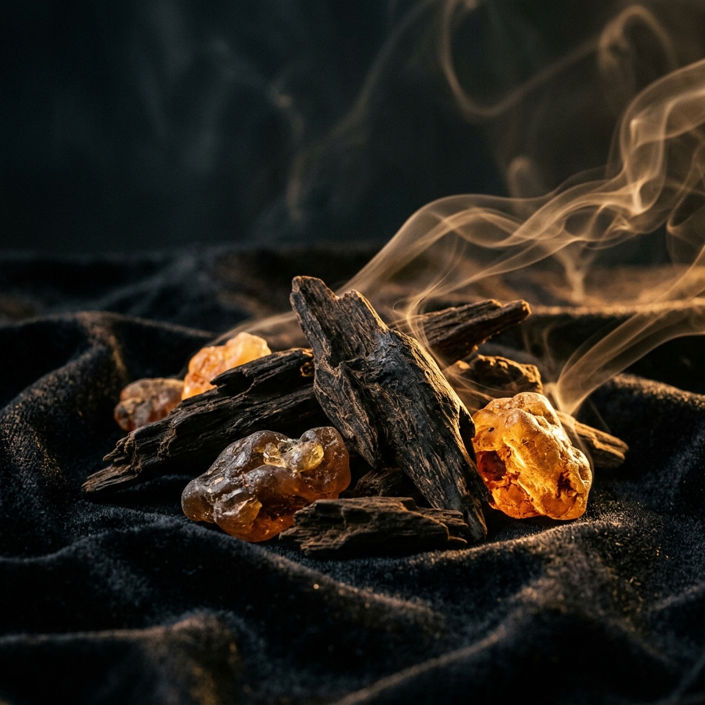 Dark oud wood with rich amber resin on black marble