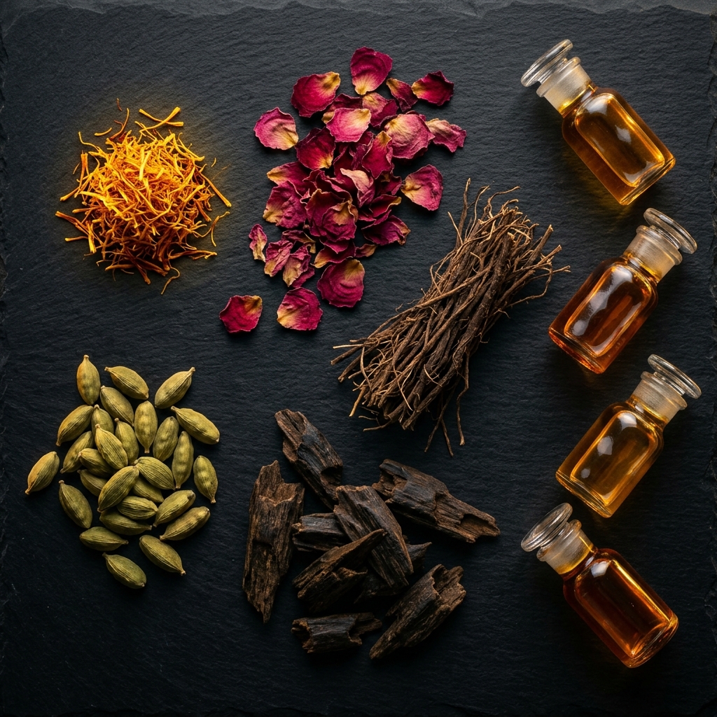 Premium natural Indian perfume ingredients — saffron, rose, oud