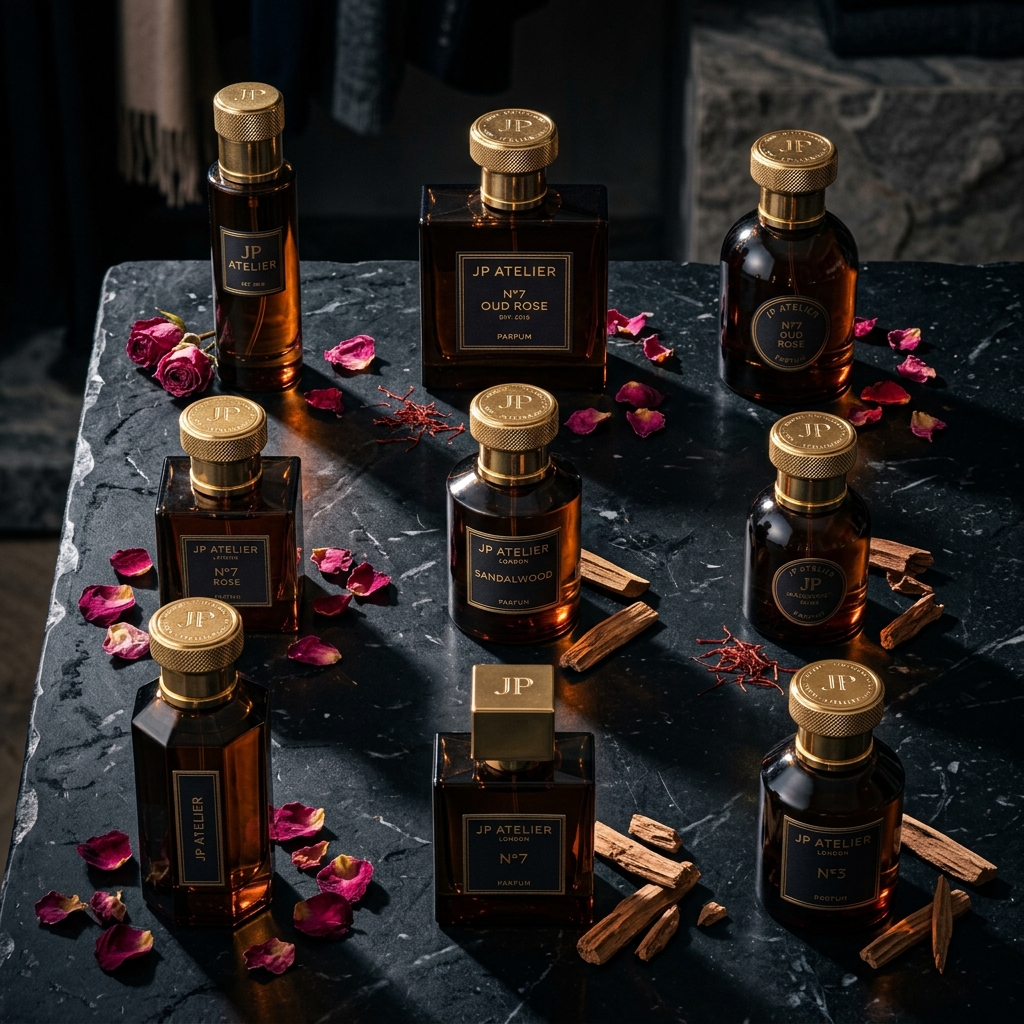 JP Atelier fragrance collection — multiple perfume bottles on dark marble