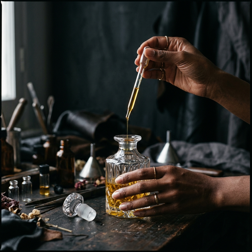 Artisan perfumer carefully blending rare essential oils in a dimly lit atelier